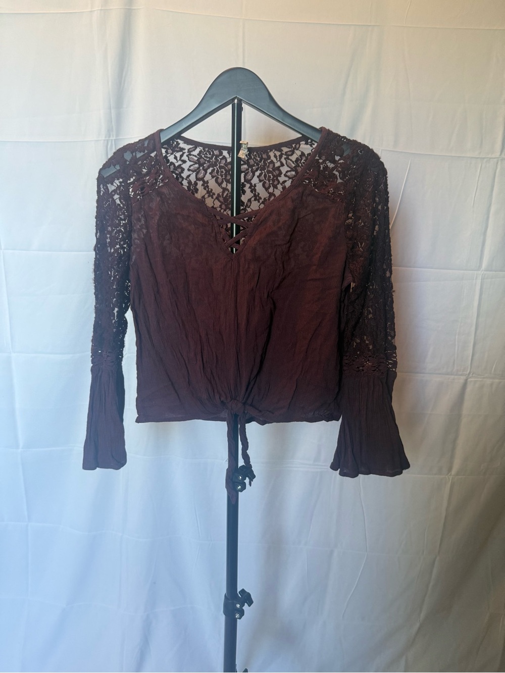 Mudd Lace-Sleeve Tie-Front Top in Burgundy